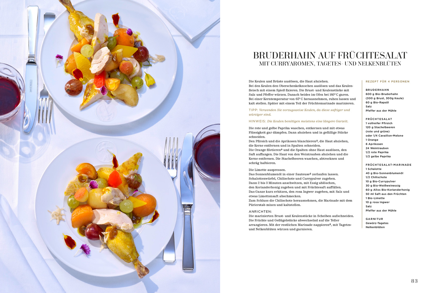 Rezept „Bruderhahn auf Früchtesalat“ mit Besteck von Koch & Bergfeld